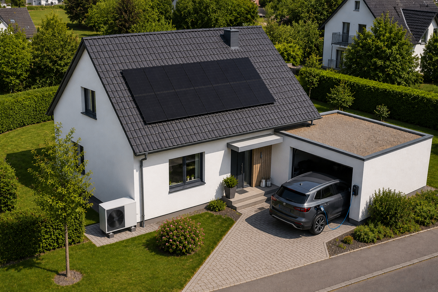 Modernes Einfamilienhaus mit Photovoltaik, Wärmepumpe und Wallbox